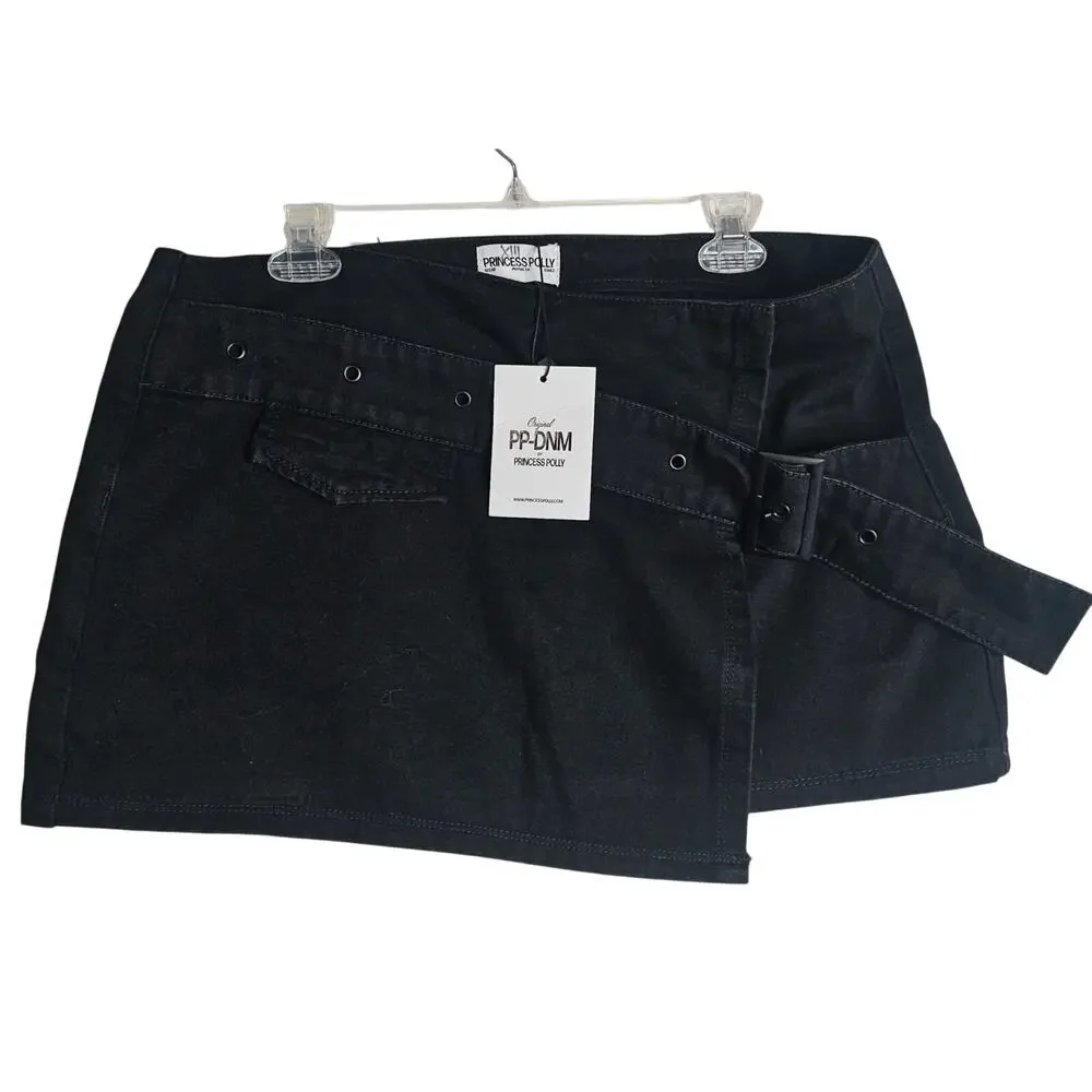 Princess Polly Sz10 NWT SuperShort black JeanSkirts with Wide Belt Sexy Stunning